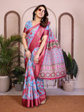 Sky Blue Floral Printed Saree with Pink Zari Border & Designer Pallu