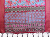 Sky Blue Floral Printed Saree with Pink Zari Border & Designer Pallu