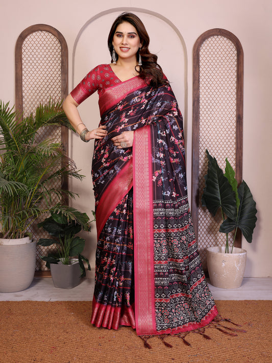 Women Black Floral Saree with Red Zari Border Soft Fabric Traditional Party Wear Saree with Blouse Piece