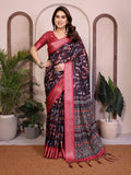 Women Black Floral Saree with Red Zari Border Soft Fabric Traditional Party Wear Saree with Blouse Piece