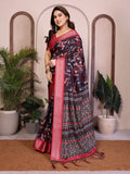 Women Black Floral Saree with Red Zari Border Soft Fabric Traditional Party Wear Saree with Blouse Piece