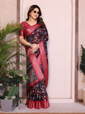 Women Black Floral Saree with Red Zari Border Soft Fabric Traditional Party Wear Saree with Blouse Piece