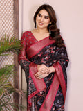 Women Black Floral Saree with Red Zari Border Soft Fabric Traditional Party Wear Saree with Blouse Piece