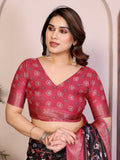 Women Black Floral Saree with Red Zari Border Soft Fabric Traditional Party Wear Saree with Blouse Piece