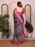 Women Black Floral Saree with Red Zari Border Soft Fabric Traditional Party Wear Saree with Blouse Piece