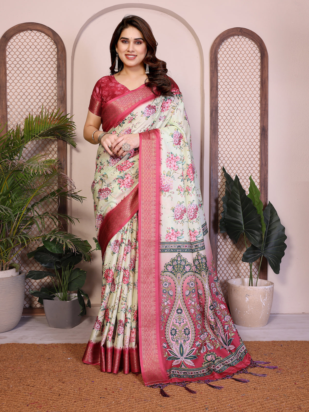 Light Yellow Floral Printed Saree for Women with Pink Zari Border Designer Pallu Soft Lightweight Festive Wear Saree with Blouse