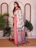 Light Yellow Floral Printed Saree for Women with Pink Zari Border Designer Pallu Soft Lightweight Festive Wear Saree with Blouse