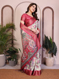 Light Yellow Floral Printed Saree for Women with Pink Zari Border Designer Pallu Soft Lightweight Festive Wear Saree with Blouse