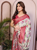 Light Yellow Floral Printed Saree for Women with Pink Zari Border Designer Pallu Soft Lightweight Festive Wear Saree with Blouse