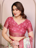 Light Yellow Floral Printed Saree for Women with Pink Zari Border Designer Pallu Soft Lightweight Festive Wear Saree with Blouse