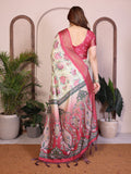 Light Yellow Floral Printed Saree for Women with Pink Zari Border Designer Pallu Soft Lightweight Festive Wear Saree with Blouse