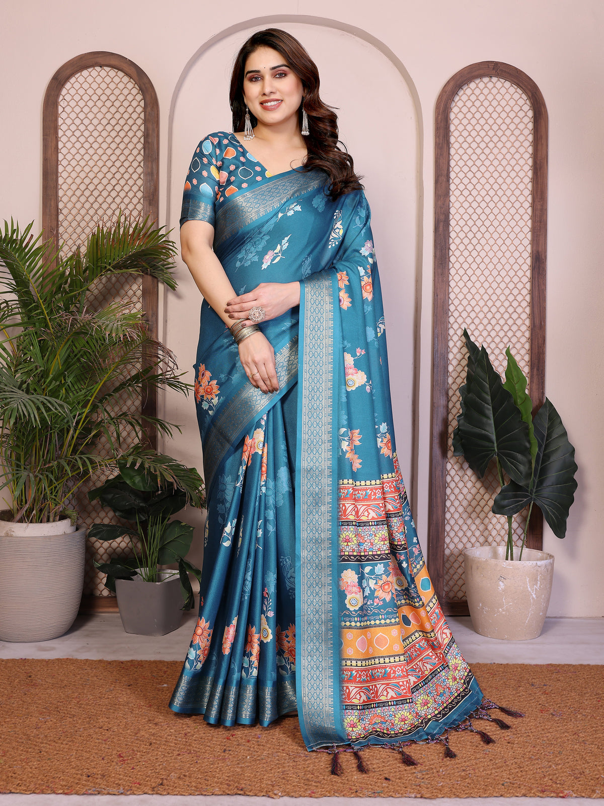 Rama Green Floral Printed Saree for Women with Zari Border Designer Pallu Soft Lightweight Festive Wear Saree with Blouse