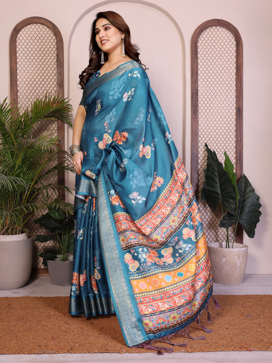 Rama Green Floral Printed Saree for Women with Zari Border Designer Pallu Soft Lightweight Festive Wear Saree with Blouse