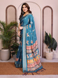 Rama Green Floral Printed Saree for Women with Zari Border Designer Pallu Soft Lightweight Festive Wear Saree with Blouse