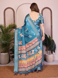Rama Green Floral Printed Saree for Women with Zari Border Designer Pallu Soft Lightweight Festive Wear Saree with Blouse