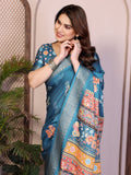 Rama Green Floral Printed Saree for Women with Zari Border Designer Pallu Soft Lightweight Festive Wear Saree with Blouse
