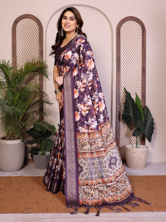 Purple Floral Printed Saree for Women with Zari Border Designer Pallu Soft Lightweight Party Wear Saree with Blouse