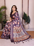 Purple Floral Printed Saree for Women with Zari Border Designer Pallu Soft Lightweight Party Wear Saree with Blouse