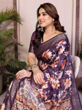 Purple Floral Printed Saree for Women with Zari Border Designer Pallu Soft Lightweight Party Wear Saree with Blouse
