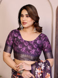 Purple Floral Printed Saree for Women with Zari Border Designer Pallu Soft Lightweight Party Wear Saree with Blouse