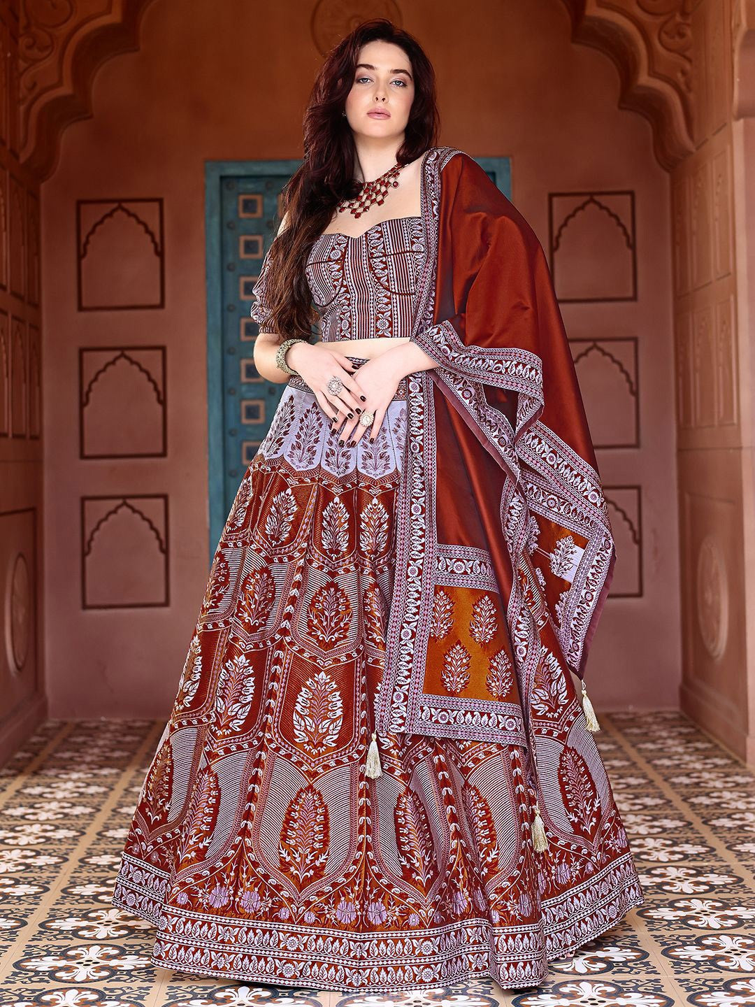 Rust & Lavender Ajrakh Print Lehenga Set with Puff Sleeve Blouse