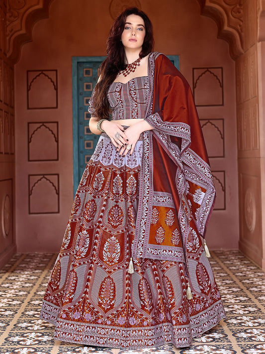 Rust & Lavender Ajrakh Print Lehenga Set with Puff Sleeve Blouse