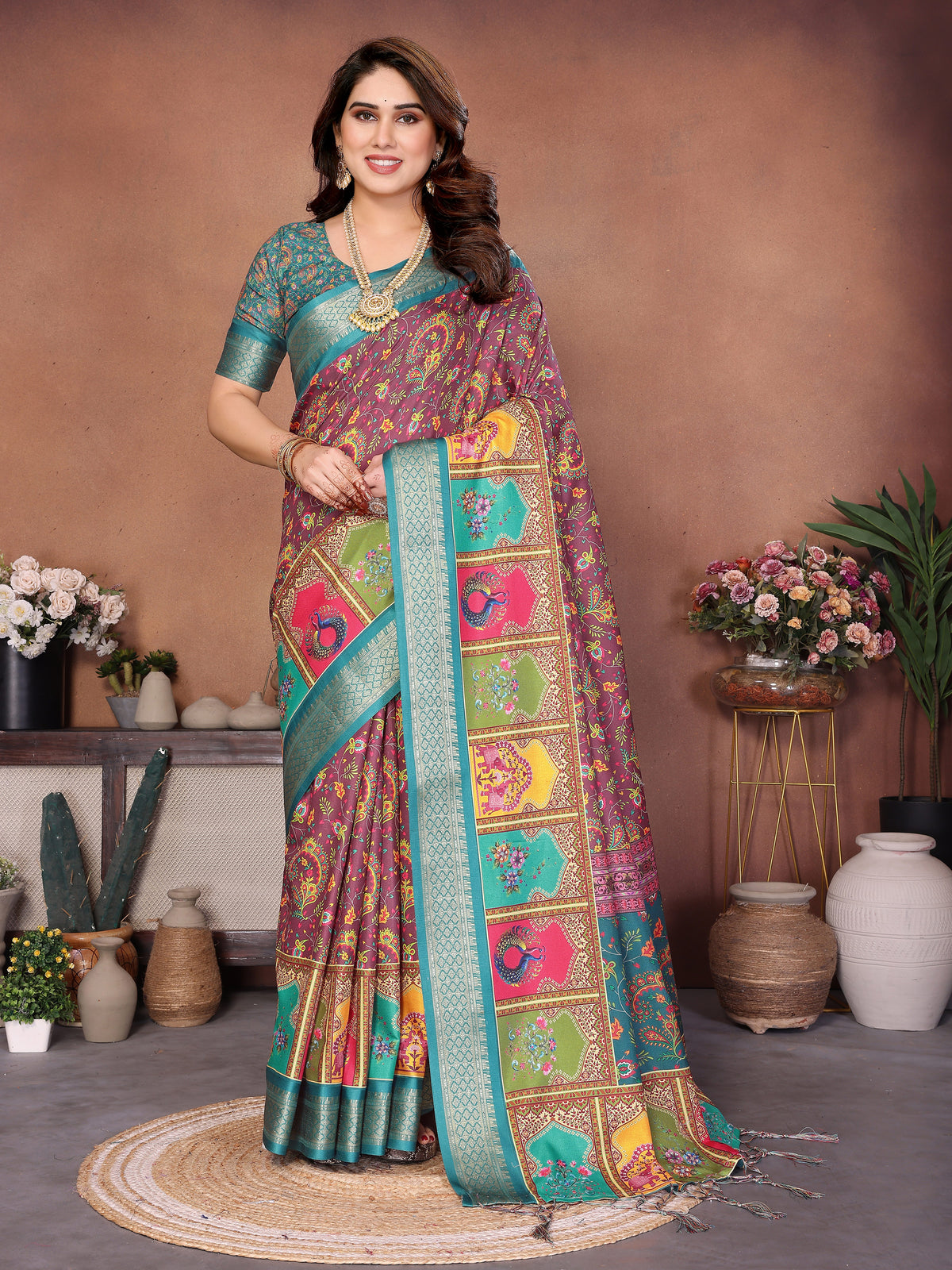 Rama Green & Wine Traditional Printed Saree with Rich Border | Festive Ethnic Wear for Women