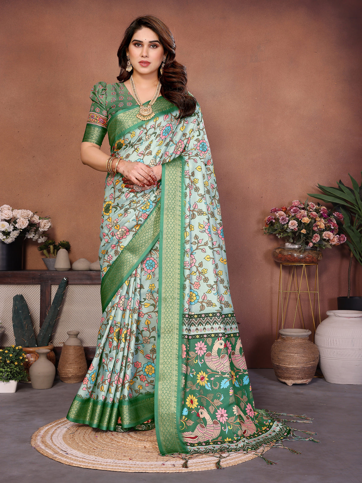 Light Green Floral Printed Saree with Rich Green Border & Designer Pallu | Elegant Festive Wear