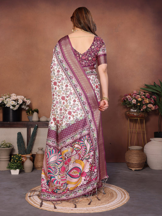Wine Kalamkari Printed Saree with Elegant Border & Artistic Pallu | Traditional Ethnic Wear for Women