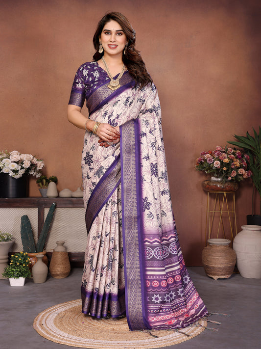Purple & Cream Floral Printed Saree with Rich Border and Designer Pallu | Elegant Ethnic Wear for Women