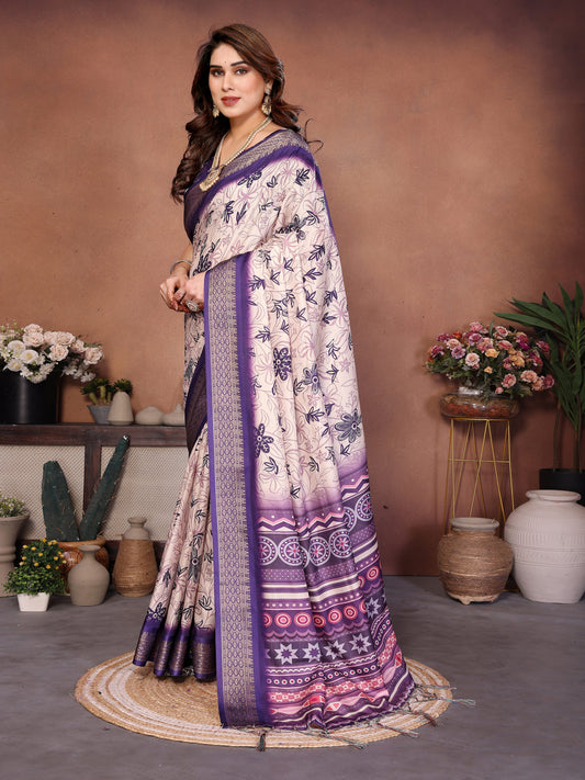 Purple & Cream Floral Printed Saree with Rich Border and Designer Pallu | Elegant Ethnic Wear for Women