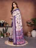 Purple & Cream Floral Printed Saree with Rich Border and Designer Pallu | Elegant Ethnic Wear for Women