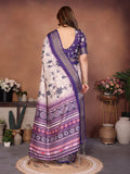Purple & Cream Floral Printed Saree with Rich Border and Designer Pallu | Elegant Ethnic Wear for Women