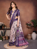 Purple & Cream Floral Printed Saree with Rich Border and Designer Pallu | Elegant Ethnic Wear for Women