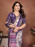 Purple & Cream Floral Printed Saree with Rich Border and Designer Pallu | Elegant Ethnic Wear for Women