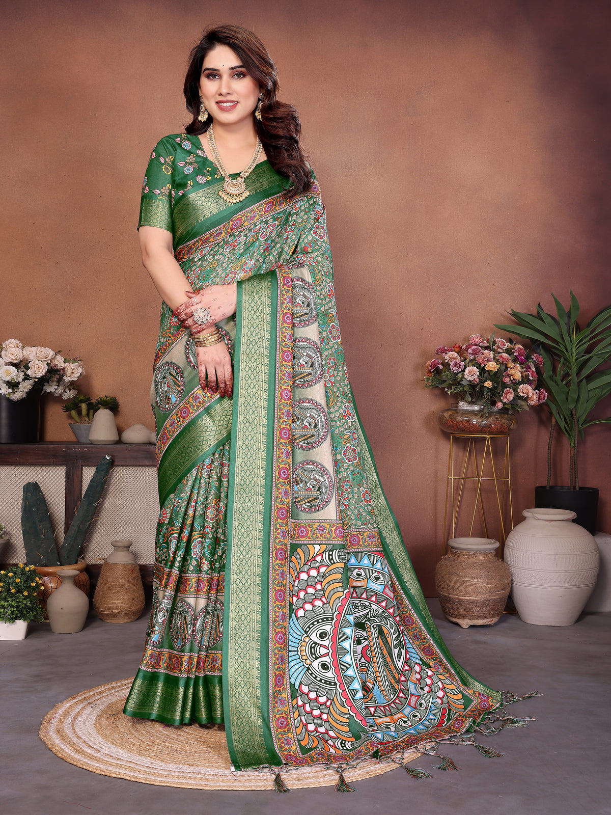 Green Kalamkari Printed Saree with Rich Border & Artistic Pallu | Traditional Ethnic Wear for Women