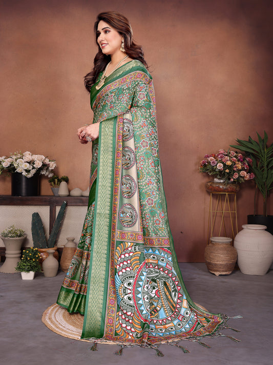 Green Kalamkari Printed Saree with Rich Border & Artistic Pallu | Traditional Ethnic Wear for Women