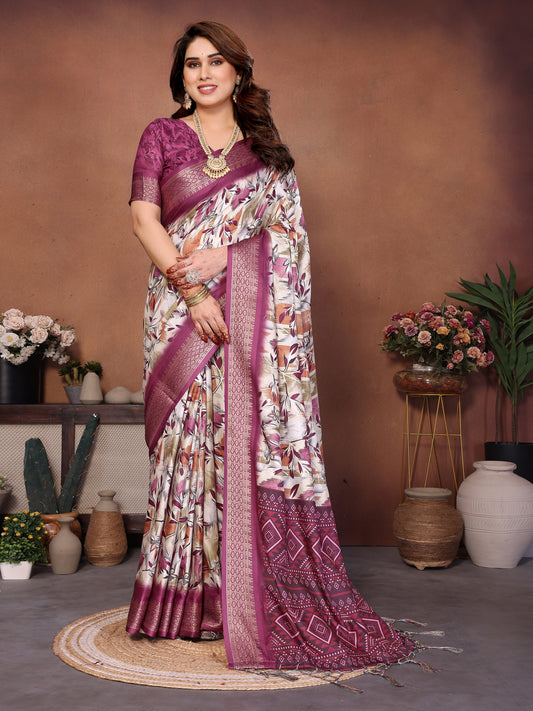 Wine & Cream Floral Printed Saree with Rich Border and Designer Pallu | Elegant Ethnic Wear for Women