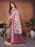 Wine & Cream Floral Printed Saree with Rich Border and Designer Pallu | Elegant Ethnic Wear for Women