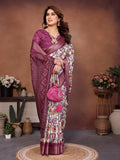 Wine & Cream Floral Printed Saree with Rich Border and Designer Pallu | Elegant Ethnic Wear for Women