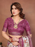 Wine & Cream Floral Printed Saree with Rich Border and Designer Pallu | Elegant Ethnic Wear for Women