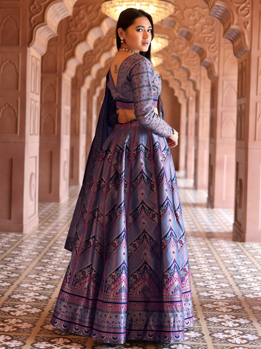 Aayat Powder Blue & Royal Blue Banarasi Silk Lehenga Set with Zari Weaving
