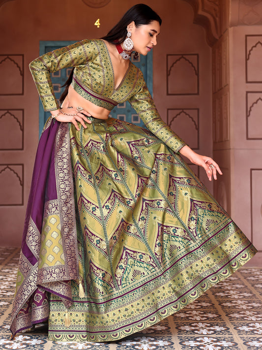 Royal Olive Green & Maroon Banarasi Silk Lehenga Set with Zari Weaving