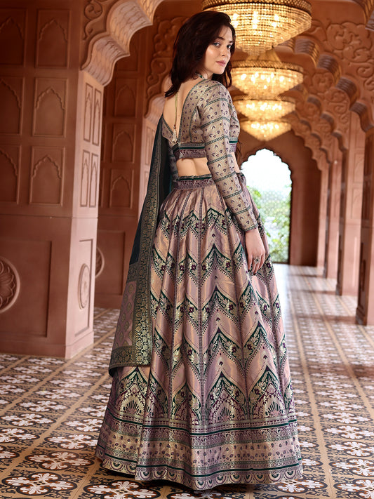 Aarvi Dusty Mauve & Bottle Green Banarasi Silk Lehenga Set with Zari Woven Patterns
