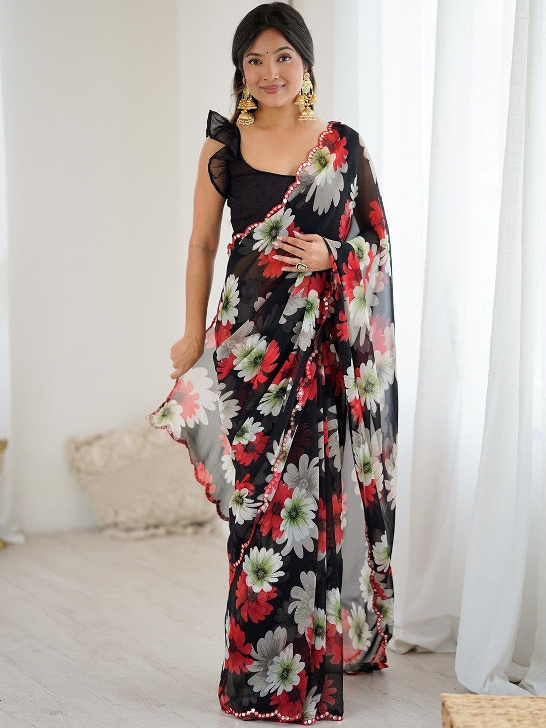 Black Floral Printed Georgette Saree with Designer Blouse