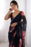 Black Rose Printed Georgette Saree with Pearl Border