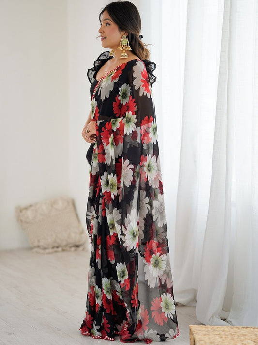 Black Floral Printed Georgette Saree with Designer Blouse