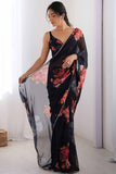 Black Rose Printed Georgette Saree with Pearl Border