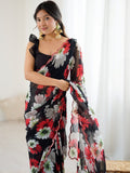 Black Floral Printed Georgette Saree with Designer Blouse