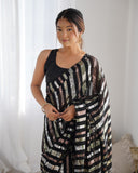 Black Sequin Striped Party Wear Saree Glamorous Evening Look